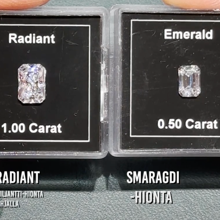 Radianti-hiotun timantin upean loisto nostaa esiin timantin pohjalle tehty briljanttihionta. Rinnalla perinteinen smaragdihiottu timantti.