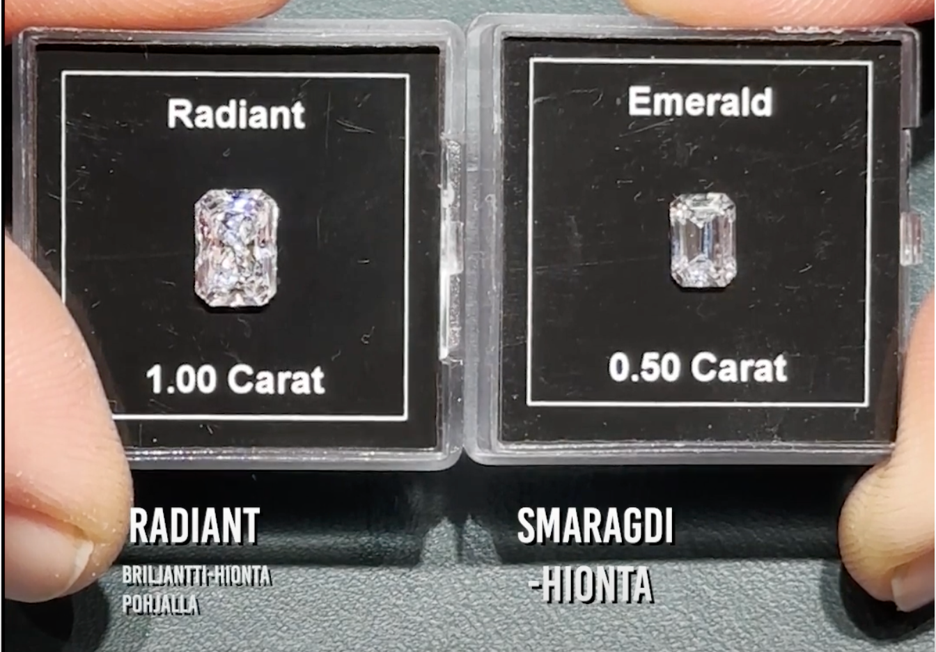 Radianti-hiotun timantin upean loisto nostaa esiin timantin pohjalle tehty briljanttihionta. Rinnalla perinteinen smaragdihiottu timantti.